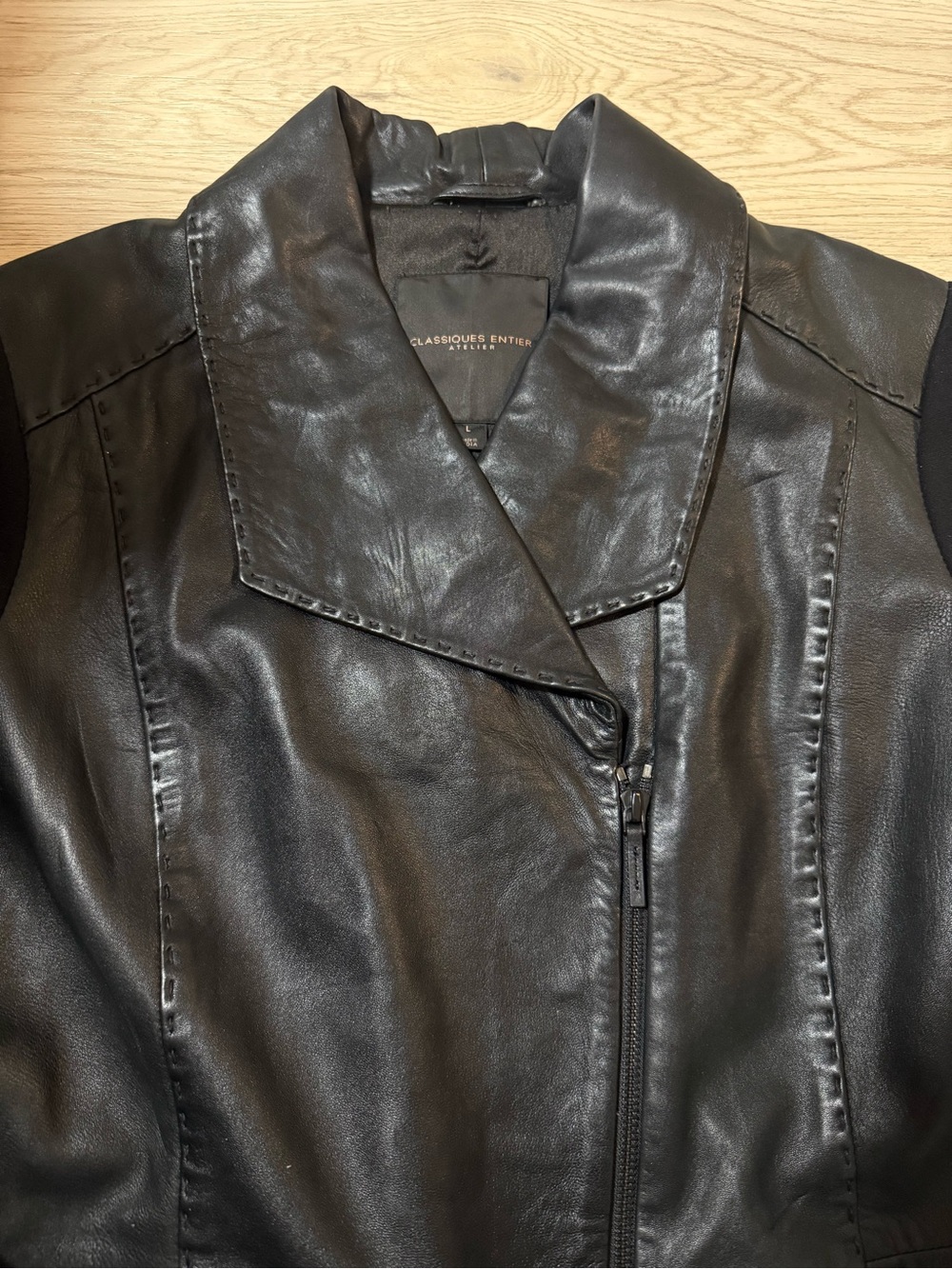 Classiques Entier Black Leather Zip Up Jacket Knit Sleeves Women’s Size Large - Picture 3 of 7